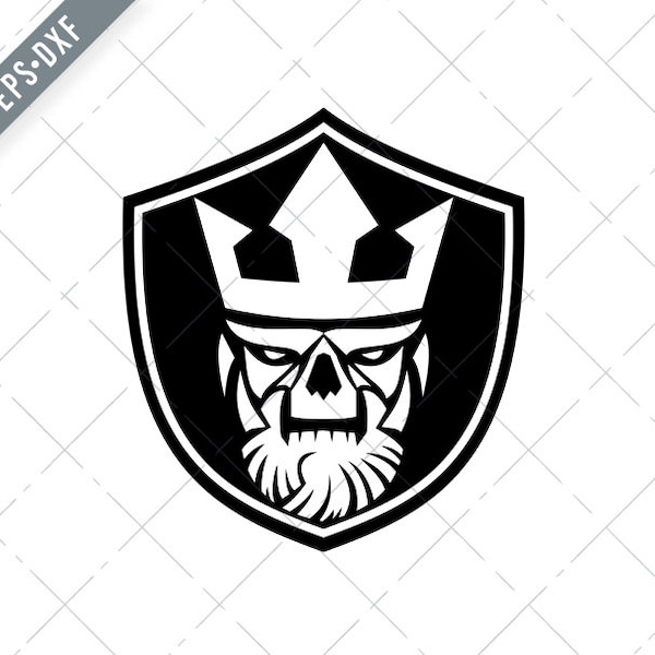 Skull of Neptune or Poseidon Wearing Crown Front View Black and White SVG-Neptune SVG-Poseidon Cut File-Skull DXF-jpg-png