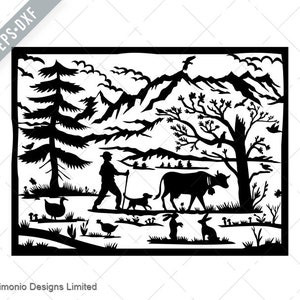 Schweizer Alpen mit Bauernhund und Kuh Tanne Schweiz Scherenschnitt Paper Cut Art-Vector EPS svg-Schnitt File-DXF-jpg-png