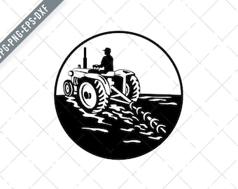 Farmer Driving a Vintage Tractor Viewed From Rear Circle Retro Black and White Svg-Vintage Tractor SVG-Tractor Cut File-Farmer DXF-jpg-png