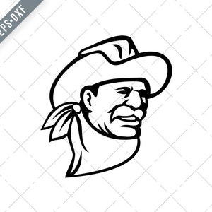 Amerikanische Cowboy tragen einen Hut Schnurrbart und Bandana Maskottchen schwarz und weiß Svg-American Cowboy SVG-Cut Datei-DXF-jpg-png