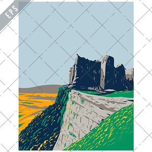 May include: A stylised illustration of a castle on a cliff overlooking a field of yellow and green grass. The castle is dark grey and the cliff is light grey. The sky is light blue.