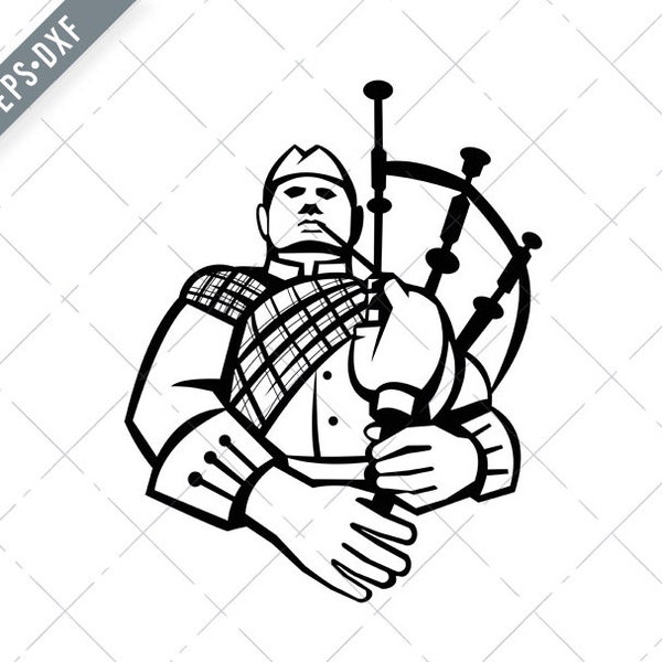 Scotsman Bagpiper Player Playing Bagpipes Front View Retro Black and White SVG-Bagpiper SVG-Bagpipes Cut File-DXF-jpg-png