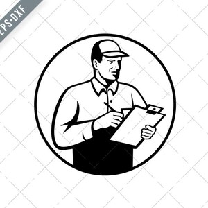Puede incluir: Ilustración en blanco y negro de una persona con una gorra y sosteniendo un portapapeles con un bolígrafo.