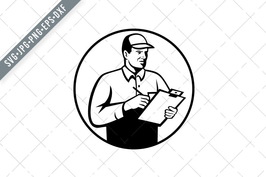 Inspector or Technician with Clipboard Checklist Inspecting Retro Black and White Svg-foreman SVG-inspection Cut File-DXF-jpg-png