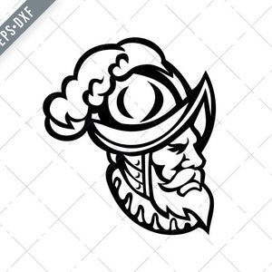 Pode incluir: Ilustração em preto e branco de um conquistador usando um capacete com penas. O conquistador está olhando para o lado com uma expressão séria.