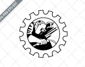 Antorcha de soldadura del trabajador soldador conjunto en engranaje Cog retro negro y blanco SVG-Tig soldadura SVG-Arc soldador corte archivo-soldadura DXF-jpg-png