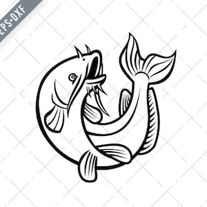 Blue Catfish Ictalurus Furcatus Jumping Cartone animato bianco e nero Svg-Ictalurus Furcatus SVG-Cut File-DXF-jpg-png