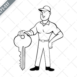Slotenmaker of Keymaker Standing and Holding Key Front View Cartoon Zwart-Wit Svg-Locksmith SVG-Keymaker Cut File-DXF-jpg-png