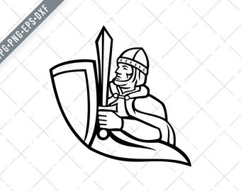 Bust of Medieval King Regnant Wielding a Sword and Shield Black and White Mascot Svg-Medieval King SVG-King Regnant Cut File-DXF-jpg-png
