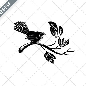 Pássaro Fantail da Nova Zelândia Rhipidura Fuliginosa empoleirado no galho Xilogravura retrô preto e branco Svg-Fantail SVG-Cut File-DXF-jpg-png