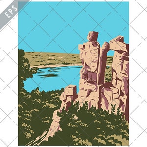 May include: A vintage travel poster illustration of a rocky cliff formation with a large opening, overlooking a body of water. The cliff is a light brown color with a pink hue. The water is a light blue color. The background is a light blue sky with a white grid pattern.
