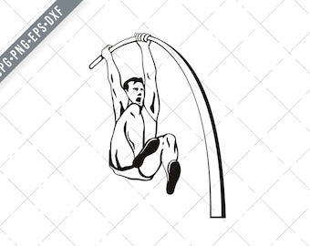 Pole Vaulter with Flexible Pole Jumping Over Bar Pole Vaulting Stencil Black and White Retro Style Svg-Pole Vault SVG-Cut File-DXF-jpg-png