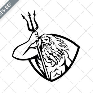 Può includere: Illustrazione in bianco e nero di un dio che tiene un tridente. Il dio ha una lunga barba e indossa un perizoma. Il tridente ha tre punte ed è tenuto nella mano destra del dio.