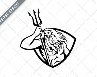 Neptuno o Poseidón con Tridente Mirando al Escudo Lateral Retro Negro y Blanco Svg-Poseidon SVG-Neptune Corte Archivo-Trident DXF-jpg-png