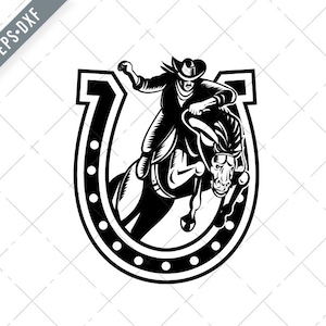 Rodeo Cowboy à cheval Jumping Over Horseshoe Retro Woodcut Noir et Blanc Svg-équestre SVG-Cut File-DXF-jpg-png