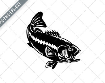 Largemouth Bass Diving Down Black and White Retro Woodcut Svg-widemouth bass SVG-bucketmouth Cut File-DXF-jpg-png