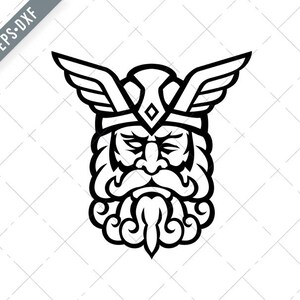 Könnte beinhalten: Schwarz-weiß-Linienkunst-Illustration eines Wikingerkriegers mit einem gehörnten Helm und einem langen Bart. Der Krieger blickt mit ernster Miene geradeaus.