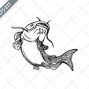 Puede incluir: Dibujo en blanco y negro de una línea de un pez gato con la boca abierta, como si fuera a morder. El pez gato está nadando hacia arriba, con su aleta caudal extendida detrás de él.