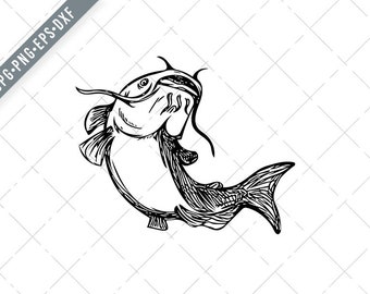 Catfish Mud Cat Jumping Up Black and White Drawing SVG-chucklehead SVG-Mud Cat Cut File-polliwogs DXF-jpg-png