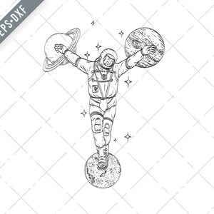 Astronaut trägt Spacesuit gekreuzigt auf Planet Saturn Jupiter und Mond Linie Kunst Zeichnung Svg-gekreuzigten Astronaut SVG-Cut Datei-DXF-jpg-png