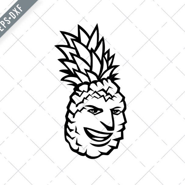 Pineapple Fruit or Ananas Comosus Happy Smiling Grinning Mascot Black and White Svg-Pineapple Fruit SVG-Cut File-DXF-jpg-png