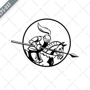 May include: Black and white illustration of a knight on horseback, holding a spear. The knight is wearing armor and a helmet with a plume. The image is set inside a circle, with a diagonal banner in the upper left corner.