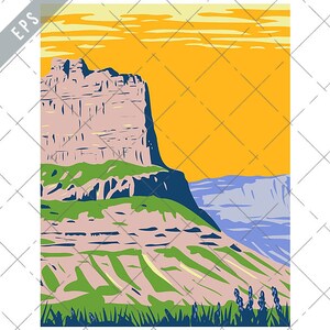 May include: A vintage-style illustration of a large, rocky cliff with a green grassy area in the foreground. The cliff is a light pink color with dark blue accents. The background is a bright yellow with a few white clouds.