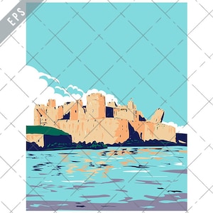 May include: A vintage-style illustration of a stone castle on a rocky island with blue water and a cloudy sky.