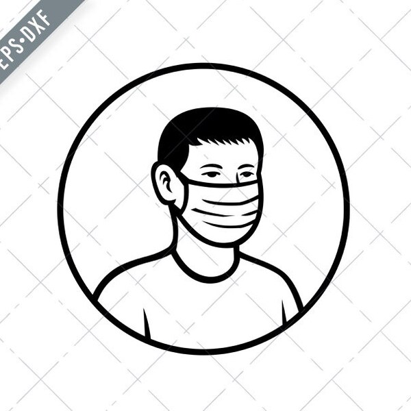 Asian Teenage Boy Wearing Face Mask Front View Circle Retro Black and White Svg-SVG-Cut File-DXF-jpg-png