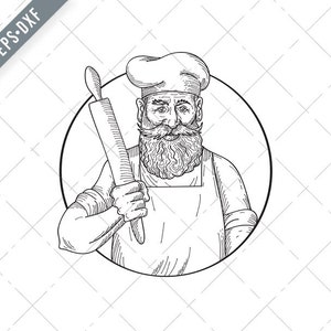 May include: A black and white line drawing of a baker wearing a chef's hat and holding a rolling pin.