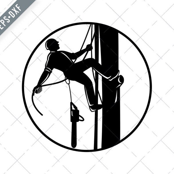 Arborist Climbing Up Tree With Chainsaw in Circle Retro Woodcut Black White Svg-tree surgeon SVG-Arborist Cut File-lumberjack DXF-jpg-png