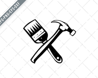 Crossed Paint Brush and Hammer Retro Black and White Svg-Builder SVG-Painter Cut File-DXF-jpg-png