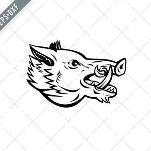 May include: Black and white line art illustration of a wild boar or wild pig head with an open mouth and tusks.