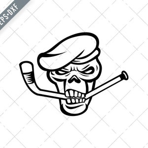 May include: Black and white illustration of a skull wearing a beret and holding a hockey stick in its mouth.