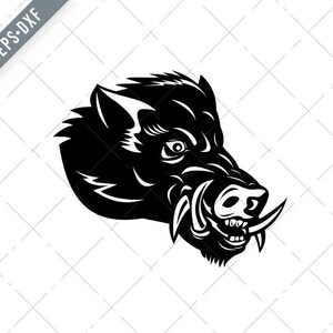 May include: Black and white illustration of a wild boar's head with sharp teeth and tusks.