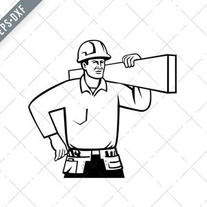 Builder o Handyman wearing Hard Hat Carrying Timber Retro Negro y Blanco Svg-Timber SVG-Builder Cut File-Handyman DXF-jpg-png
