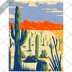 Saguaro Nationalpark Riesen Kaktus Sonoran Wüste Pima County Arizona WPA Poster Kunst Vektor Eps-EPS-JPG-png-Saguaro Nationalpark Clipart