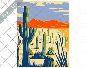 Saguaro National Park Giant Cactus Sonoran Desert Pima County Arizona WPA Poster Art Vector eps-EPS-JPG-png-Saguaro National Park Clipart
