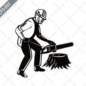 Arborist Baum Chirurg halten Kettensäge schneiden Baum Stump schwarz und weiß Svg-Holzfäller SVG-Cut File-Arborist DXF-jpg-png