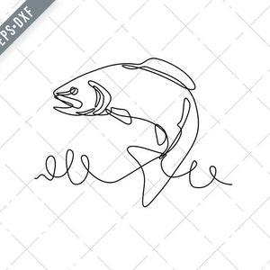 May include: A minimalist line drawing of a fish leaping out of the water. The artwork is rendered in a single continuous black line, creating a simple yet dynamic illustration. The background is white with a subtle diamond pattern.