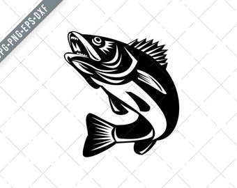 Walleye Fish Jumping Isolated Black and White Retro Svg-Walleye Fish SVG-Walleye Fish Cut File-Walleye Fish DXF-jpg-Walleye Fish png