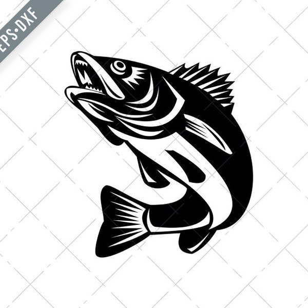 Walleye Fish Jumping Isolated Black and White Retro Svg-Walleye Fish SVG-Walleye Fish Cut File-Walleye Fish DXF-jpg-Walleye Fish png