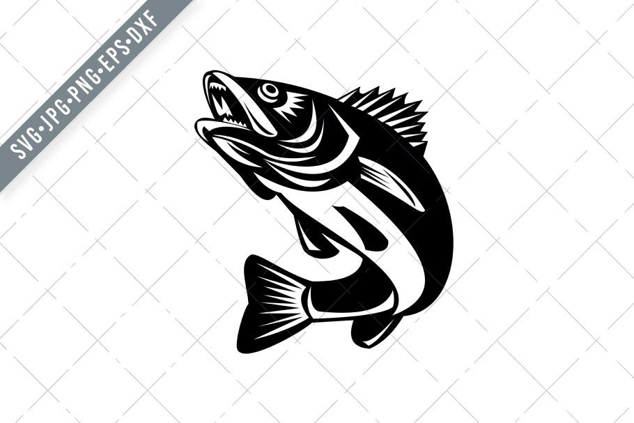 Walleye Fish Jumping Isolated Black and White Retro Svg-walleye Fish Svg-walleye  Fish Cut File-walleye Fish Dxf-jpg-walleye Fish Png 