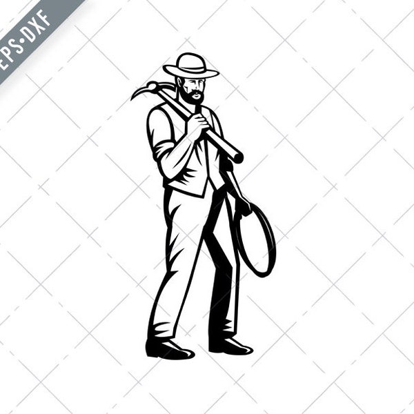 Vintage Gold Miner or Prospector with Pickax and Rope Prospecting Retro Black and White Svg-gold prospector SVG-Cut File-DXF-jpg-png