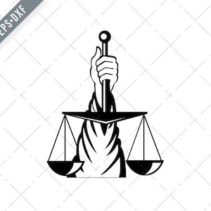 Hand van Lady of Justice Holding Weegschaal Retro Zwart en Wit Svg-Justice SVG-Judge Cut File-gelijkheid DXF-jpg-png