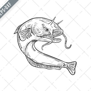 Devil Catfish Jumping Tekening Zwart en Wit Svg-Devil Catfish SVG-Catfish Cut File-Devil Catfish DXF-jpg-png