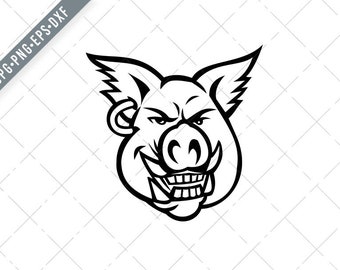 Head of wild Pig Wearing Earring Smiling Front View Mascot Retro Black and White Svg-wild boar SVG-Cut File-DXF-jpg-png