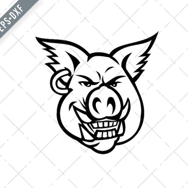 Head of wild Pig Wearing Earring Smiling Front View Mascot Retro Black and White Svg-wild boar SVG-Cut File-DXF-jpg-png