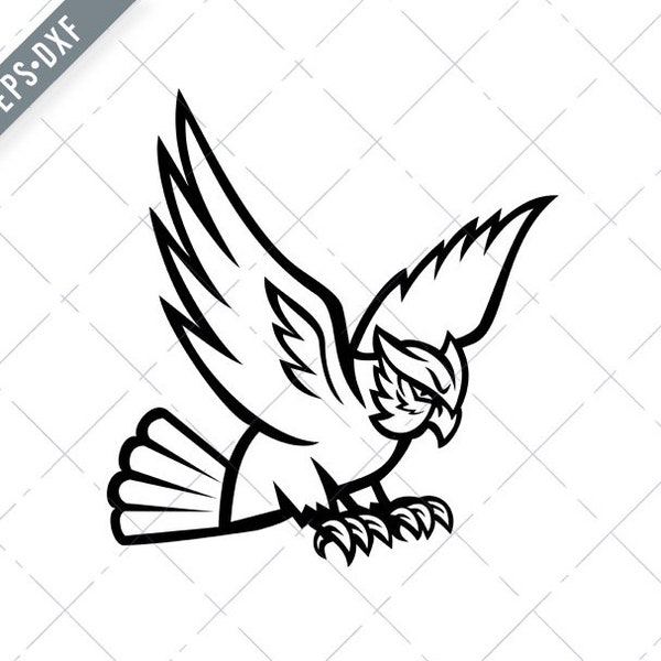 Great Horned Owl Swooping Right Mascot Black and White Svg-Owl SVG-Cut File-DXF-jpg-png