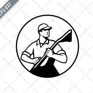 May include: Black and white illustration of a man in a cap holding a carpet cleaning tool, enclosed in a circle. The image is a vector graphic, suitable for various applications.